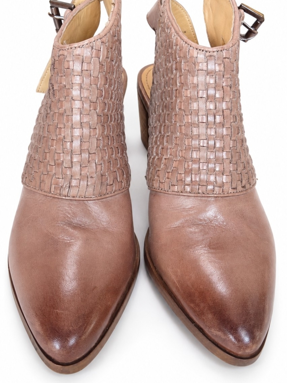 House of Harlow 1960 Woven Leather. Weathered Look And Slingback Stacked Heels - Picture 3 of 5